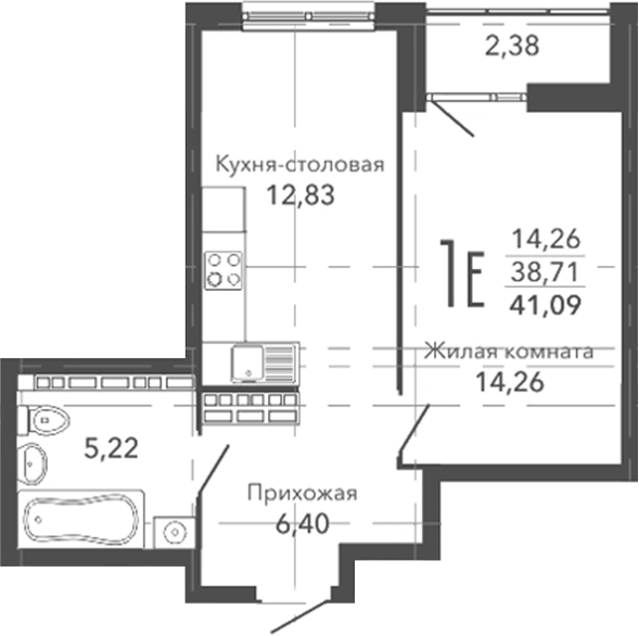Планировка 1-к.кв, 41,09 м² в ЖК Шишкин. Жилая среда